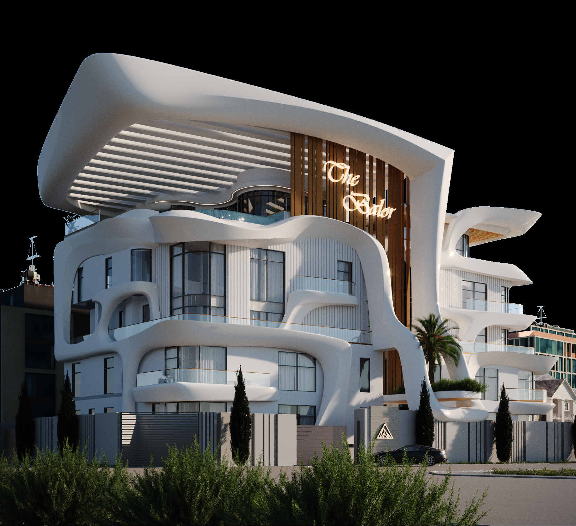 Balor’s sculptural white façades, curved balconies and bronze vertical accents, shown in the architectural visualisation