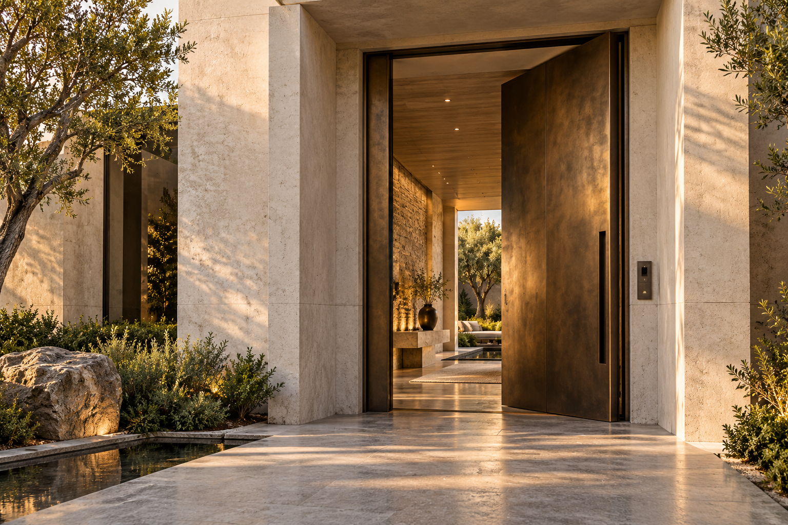 Architectural concept of a secluded residence with a substantial stone entrance, bronze door and private courtyard