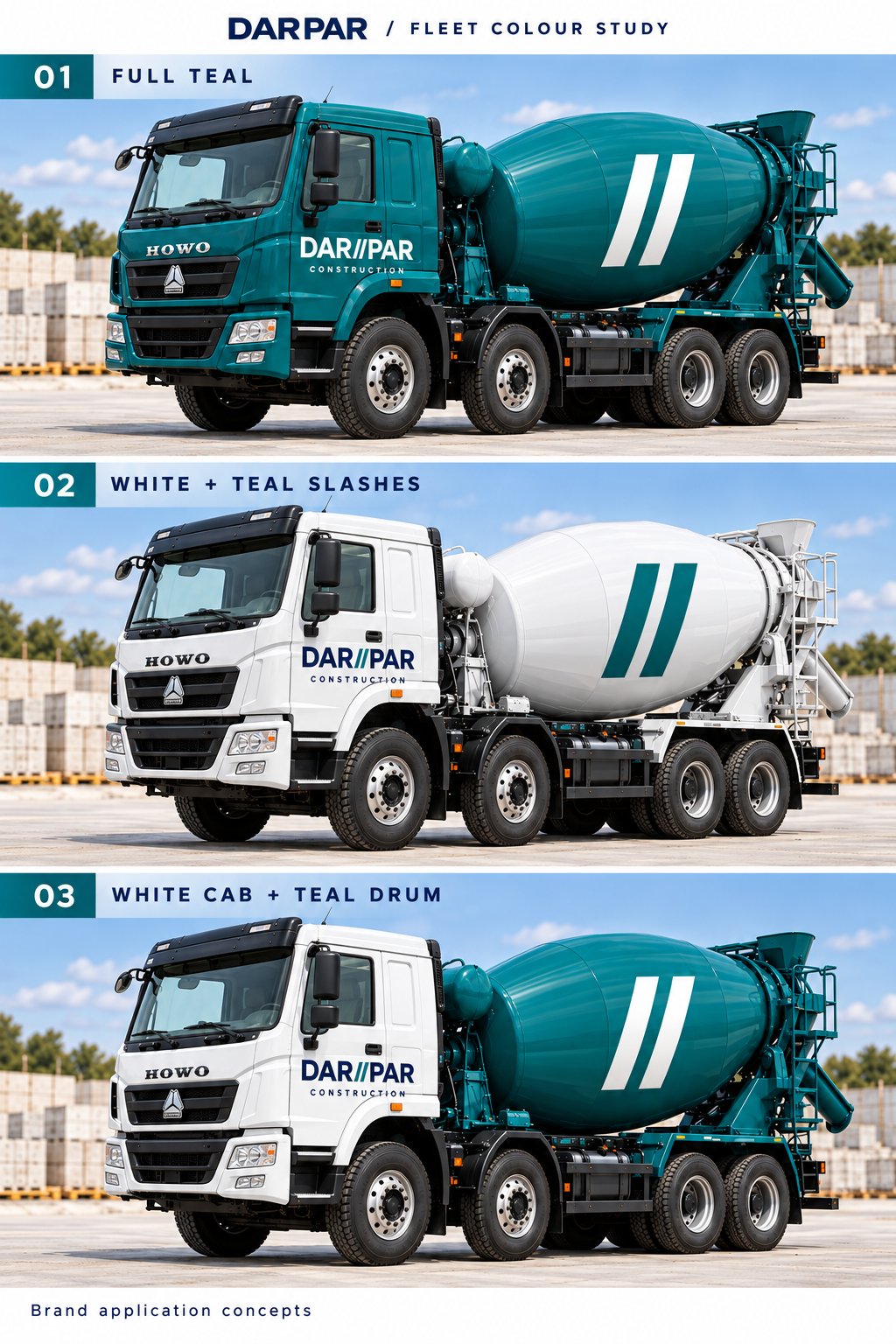 Selected DARPAR concrete mixer concept: white HOWO cab, teal drum and large white double slashes